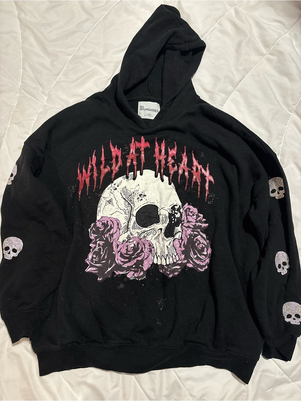 No Boundaries Black Crewneck Hoodie with White Skull and Pink Roses well worn